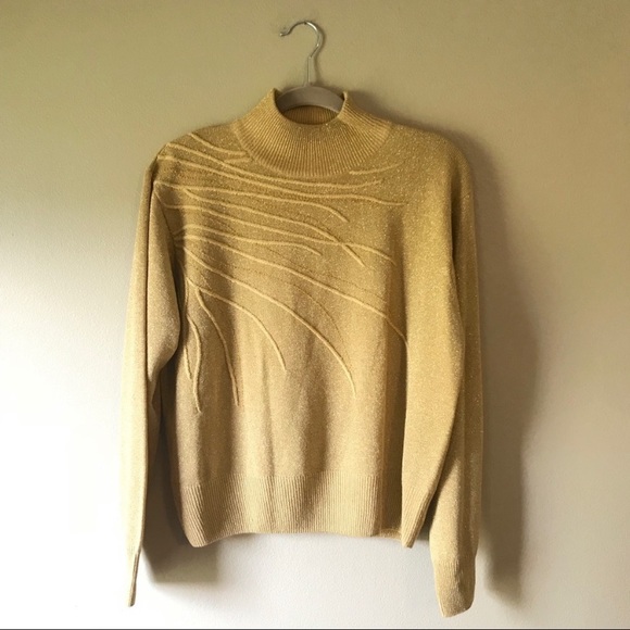 Vintage Sweaters - Vintage 80s Gold Metallic High neck Sweater Top